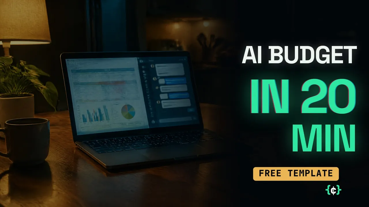Thumbnail: a laptop showing a budget spreadsheet, with the text AI budget in 20 min, free template