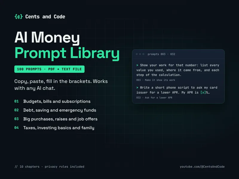 AI Money Prompt Library cover: 100 prompts, PDF and text file